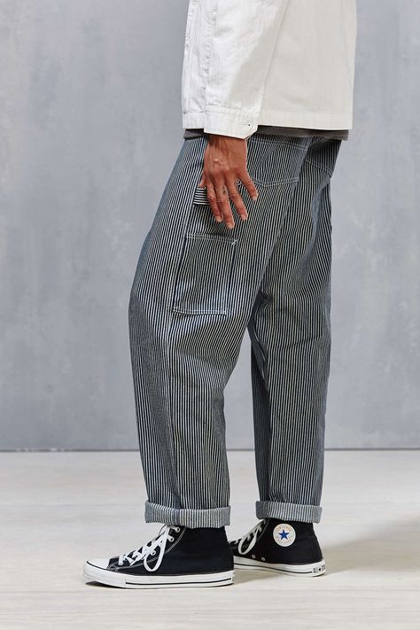 Stan Ray Hickory Stripe Carpenter Pant Hickory Stripe Pants Outfit Men, Casual Streetwear Pants With Three Stripes Branding, Striped Cotton Pants For Streetwear, Mens Striped Pants, Mens Carpenter Pants, Carpenter Pants, Workwear Fashion, Androgynous Fashion, Striped Pants