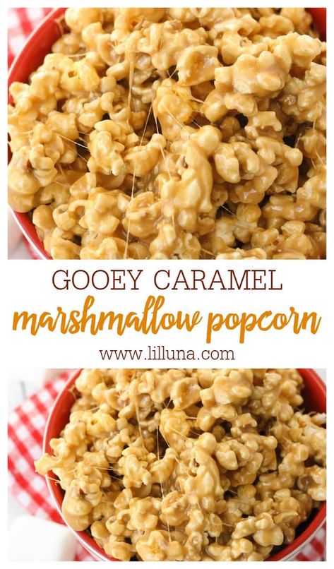 Deliciously gooey 5-minute Caramel Marshmallow Popcorn is simple, quick, and perfect for parties and holidays! #caramelmarshmallowpopcorn #caramelpopcorn #popcorn #caramelandmarshmallow #popcornrecipe Gooey Marshmallow Caramel Popcorn, Caramel Dipped Marshmallows, Marshmellow Carmel Corn, Marshmallow Cream Popcorn, Popcorn Krispie Treats, Marshmellow Carmel Popcorn Recipe, Carmel Popcorn Recipe Gooey, Marshmallow Caramel Corn, Carmel Popcorn Recipe