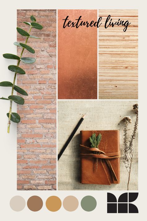 Wood And Brick Interior Design, Mood Board Texture, Color Scheme Mood Board, Exposed Brick Color Palette, Bohemian Mood Board Interior, Brick Colour Palette, Brick Mood Board, Mood Board Interior Colour Palettes, Industrial Mood Board Interior Design