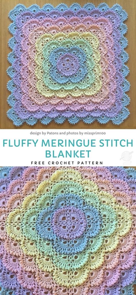 Afgan Blankets Crochet Free Pattern, Baby Crochet Blankets Free Patterns, Baby Afghan Crochet Patterns Free, Square Baby Blanket Crochet, Crochet Borders For Blankets, Fluffy Meringue, Free Crochet Afghan Patterns, Crocheted Squares, Crochet Blanket Edging