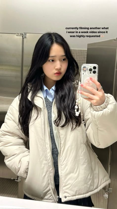 saranghoe tracy sohn korean outfit Dress Outfits Korean, Tracy Sohn, Korean Aesthetic Outfits, Daisy Choi, December Outfits, University Outfit, White Puffer, Outfit Korean, Maxi Dress Outfit