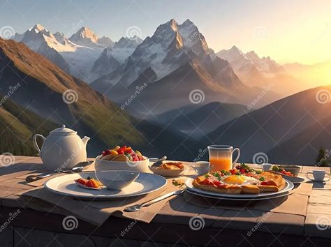 Nice breakfast with mountains view at sunrise. More pictures on https://www.dreamstime.com/food-colldet67175 Sunrise Illustration, Nice Breakfast, Vision 2024, Resort Vacation, Food Ads, Best Breakfast, Screen Savers, Mountain View, More Pictures