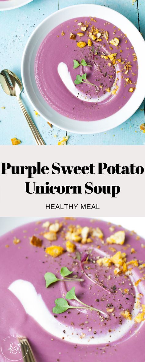 Yes, you read that right! Unicorn Soup! This Purple Sweet Potato Unicorn Soup is delicious and healthy. Win, win! #lifeisbutadish #unicornsoup #soup #sweetpotato Recipes With Purple Sweet Potatoes, Chinese Sweet Potato Soup, Purple Sweet Potato Recipes Dinners, Purple Potato Soup, Purple Sweet Potato Soup, Purple Sweet Potato Powder Recipes, Purple Sweet Potato Recipes Healthy, Entree Plating, Purple Soup