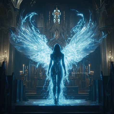 A stunning ethereal angel, crafted from luminous energy, stands in the center of a grand gothic cathedral. With radiant, expansive wings shimmering in electric blue light, this figure embodies a powerful fantasy presence, blending the mystical with the divine. The intricate cathedral architecture, dimly lit by candles, contrasts beautifully with the angel’s intense glow, creating a breathtaking visual that merges fantasy and spirituality.  #Angel #FantasyArt #Celestial #Mystical #Divine #GothicCathedral #Ethereal #DigitalArt #FantasyIllustration #Heavenly #angels #fantasy #fantasyworld #aura #fantasie #engel Wings Of Light, Luke 4, Ethereal Angel, Angels Fantasy, Supernatural Abilities, Electric Angel, Book Mood Board, Angel Illustration, Monster World