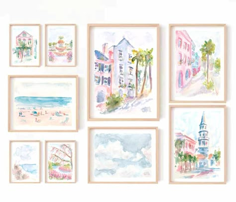 Aesthetic Prints For Bedroom, Charleston Themed Room, Watercolor Bedroom Ideas, Charleston Watercolor Paintings, Lilly Pulitzer Room Ideas, Coastal Prints Home Decor, Watercolor Room Decor, Charleston Nursery, Grand Millennial Art