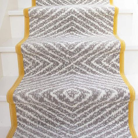 Yellow Stairs, Patterned Stair Carpet, Stair Carpet Runner, Entry Ideas, Stair Carpet, Ochre Yellow, London House, Stair Runners, Grey Chevron