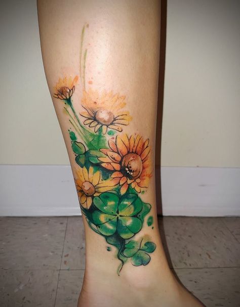 Sunflower And Four Leaf Clover Tattoo, Clover And Sunflower Tattoo, Shamrock Tattoo For Women, Clover Flower Tattoo, Irish Clover Tattoo, Irish Flower Tattoo, Heritage Tattoo, 4 Leaf Clover Tattoo, Celtic Tattoo For Women