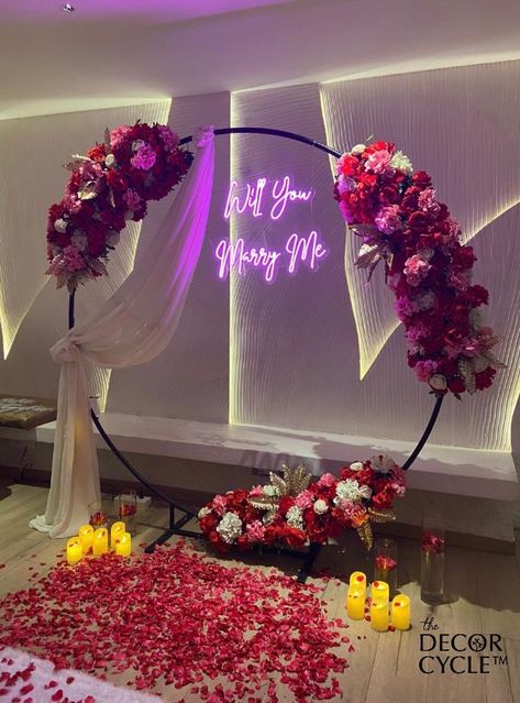 Proposal setup created for a 25th marriage annivarsary #decor #setup #backdrop #roses #proposal #anniversary Engagement Setup Ideas, Proposal Backdrop, Roses Proposal, Proposal Ideas At Home, Proposal Set Up Ideas, Engagement Setup, Proposal Setup, Do You Marry Me, Proposal Decor