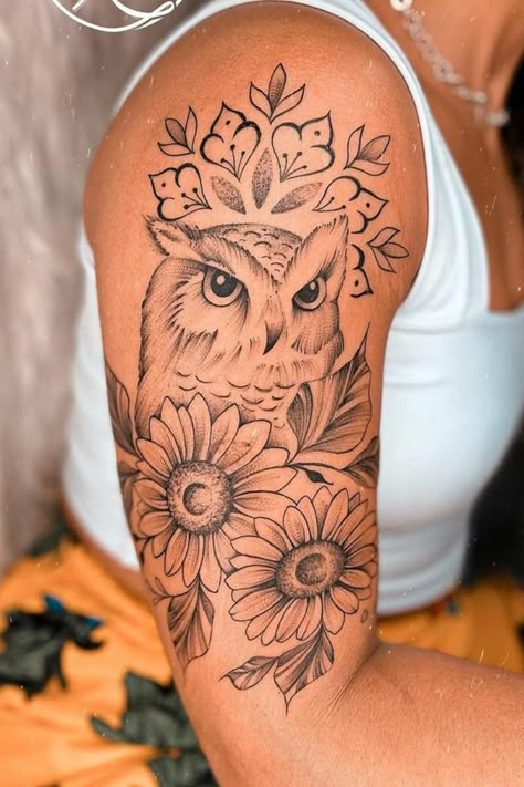 Owl Tattoo Sleeve, Bird Tattoo Sleeves, Crow Tattoo Design, Symmetrical Tattoo, Cute Owl Tattoo, Floral Tattoo Shoulder, Cool Shoulder Tattoos, Small Shoulder Tattoos, Half Sleeve Tattoos Drawings