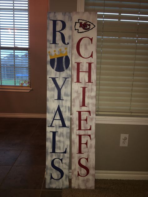 Double-sided Kansas City Chiefs and Royals signs Kc Chiefs Porch Sign, Chiefs Porch Sign, Chiefs Decor, Kansas City Chiefs Craft, Porch Sitters, Chiefs Crafts, Royal Doors, Porch Boards, Porch Leaners