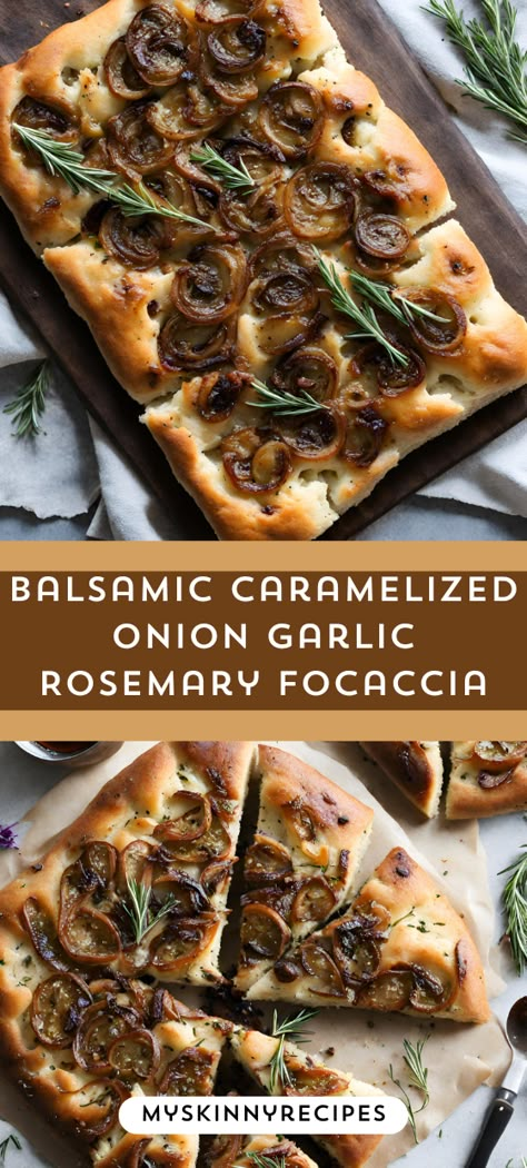 Indulge in the irresistible flavors of this homemade focaccia! Sweet caramelized onions, savory garlic, and fragrant rosemary atop fluffy dough, drizzled with balsamic vinegar. Perfect for sharing! Try it today. 😋 #HomemadeBread #DeliciousEats#myskinnyrecipes . Caramelized Onion Focaccia, Focaccia Dinner Ideas, Focaccia Flavor Ideas, Focaccia Flavors, Dutch Oven Breads, Foccacia Recipe, Homemade Focaccia, Rosemary Recipes, Rosemary Focaccia