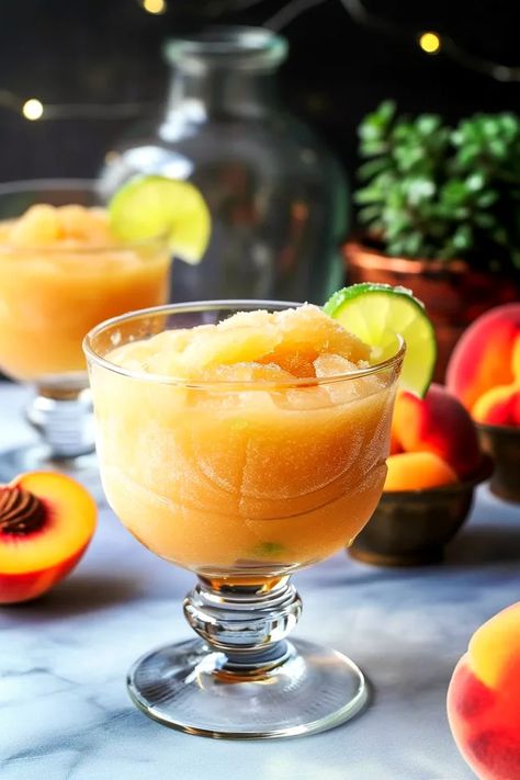 Bourbon Peach Bliss - ChewChug Peach Moscato, Frozen Peach Bellini, Wine Slush, Cheesecake Factory Copycat, Frozen Peaches, Peach Bellini, Frozen Cocktails, Peach Juice, Peach Schnapps