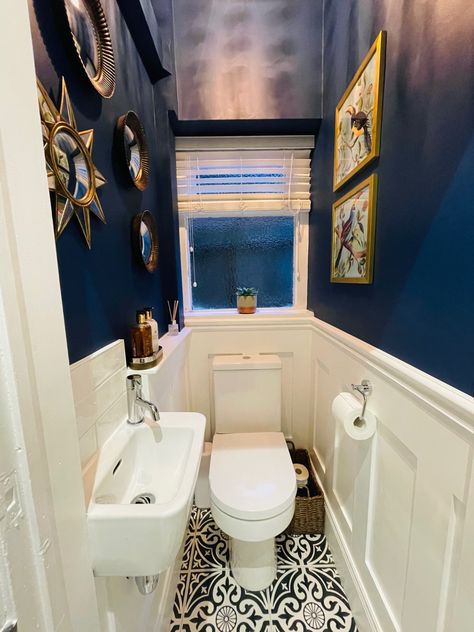 Navy Toilet Room, Small Toilet Panelling, Navy Panelling Bathroom, Cloakroom Panelling, Navy Downstairs Toilet, Navy Cloakroom Toilet, Downstairs Toilet Panelling, Downstairs Toilet Ideas Quirky, Cloakroom Bathroom