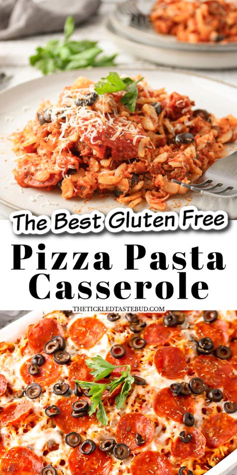 PIZZA PASTA CASSEROLE (GLUTEN-FREE) Gf Casserole Recipes, Gluten Free Pasta Casserole, Gluten Free Pizza Casserole, Gluten Free Pasta Bake, Gluten Free Pasta Recipes, Pepperoni Pasta Bake, Easy Pizza Pasta, Pizza Pasta Casserole, Gluten Free Casserole