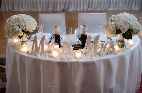 Elegant All White Sweetheart Table Wedding Reception Decor with White Centerpieces White Sweetheart Table Wedding, All White Sweetheart Table, White Sweetheart Table, Head Table Wedding Decorations, Wedding Table Sign, Bride Groom Table, Wedding Candles Table, Sweetheart Table Decor, White Weddings Reception