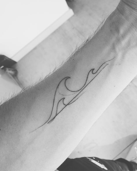 Wave Tattoo Wrapped Around Arm, Triple Wave Tattoo, Waves Line Tattoo, Water Fine Line Tattoo, Minimal Sea Tattoo, Dessert Tattoo, Line Tattoo Arm, Moving On Tattoos, Small Symbol Tattoos