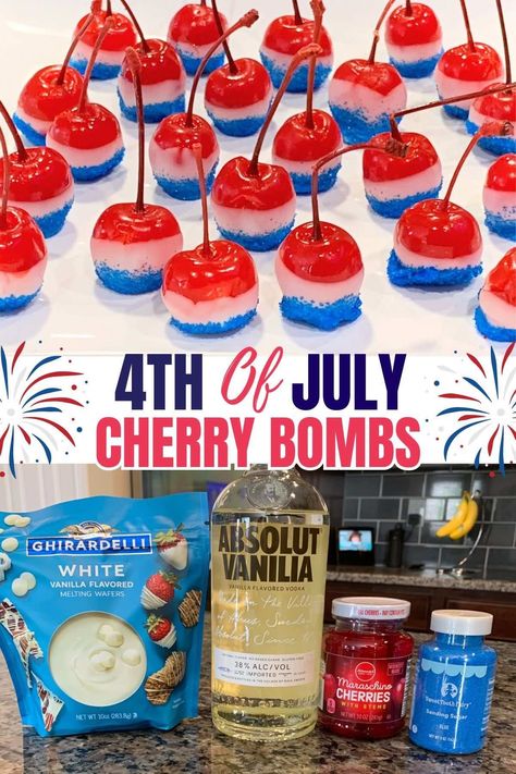 Boozy Cherry Bombs are always a hit with adults for the summer holiday season! Made with maraschino cherries soaked in vodka, these boozy bites are dipped in a white chocolate candy coating and festively decorated for the Fourth of July, Memorial Day, or just a fun summer party! #fourthofjuly #4thofjuly #summerdessert #summercocktail #boozycherry #cherries Alcohol Treats, Summer Party Food, Chocolate With Sprinkles, Party Food Easy, Boozy Popsicles, Holiday Entertaining Food, Cherry Vodka, July Desserts, Sprinkles Recipe