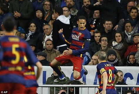 Barcelona's Neymar celebrates after scoring his sideís second goal against Real Madrid Neymar Cristiano Ronaldo, Neymar Vs, Barcelona Players, Santiago Bernabeu, Neymar Jr, Fc Barcelona, Cristiano Ronaldo, Neymar, Real Madrid