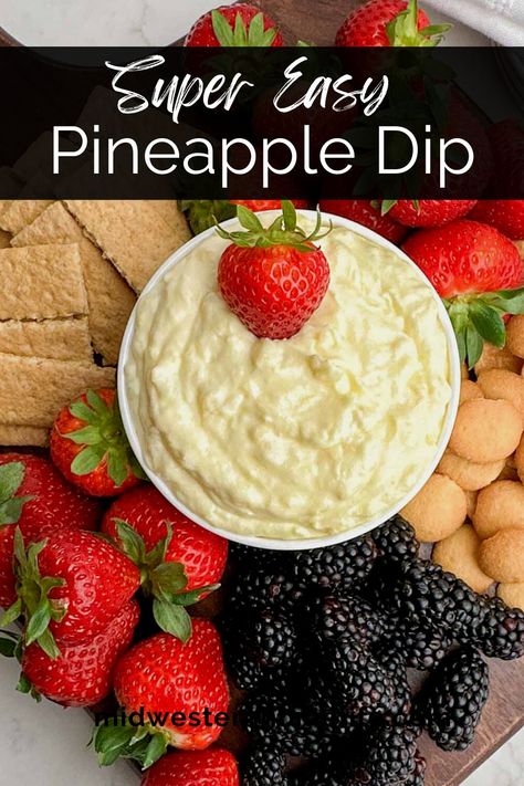 Pineapple Cream Cheese Fruit Dip is a light and fluffy sweet dip you can make in about 5 minutes with 4 simple ingredients. Perfect no bake dessert dip or easy appetizer for summer parties, holiday entertaining, and anytime snacking. Fluffy Fruit Dip, Pineapple Cream Cheese Dip, Pineapple Dip Recipe, Pineapple Dip, Cottage Cheese Dessert Recipes, Pineapple Cream Cheese, Sweet Dip, Chocolate Chip Dip, Cream Cheese Fruit Dip