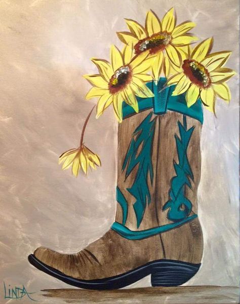 Rustic Canvas Painting Diy Simple, Western Theme Paintings, Western Cactus Painting, Easy Rustic Paintings, Easy Summer Acrylic Painting Ideas, Easy Cowboy Boot Painting, Cute Country Paintings Easy, Country Canvas Painting Easy, Western Things To Paint