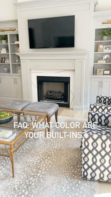 Greige Fireplace, Cabinets Beside Fireplace, Beside Fireplace, Colored Cabinets, Fireplace Built Ins, Built In Cabinets, Built In Shelves, Cabinet Colors, Taupe Color