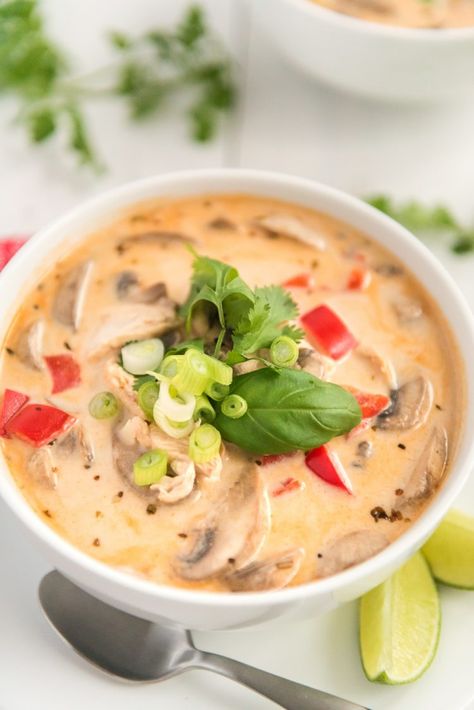 This Chicken Coconut Soup, also known as Tom Kha Gai, is an incredibly aromatic and flavorful Thai dish made with chicken, mushrooms, peppers, in a creamy coconut broth. via @sugarandsoulco Tom Kha Gai Soup Recipe, Tom Kha Gai Soup, Tom Kha Kai, Tom Kha Soup, Chicken Coconut Soup, Coconut Soup Recipes, Coconut Broth, Thai Coconut Soup, Chicken Coconut