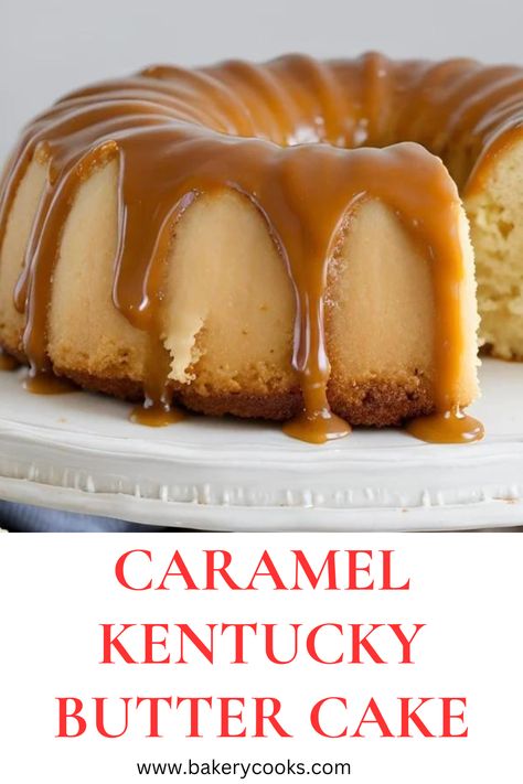 Caramel Kentucky Butter Cake is a rich, moist dessert featuring a buttery cake soaked in a caramel glaze. This Southern classic boasts a tender crumb, with the sweet, buttery caramel infusion making it irresistibly delicious and perfect for any occasion. Caramel Kentucky Butter Cake, Salted Caramel Kentucky Butter Cake, Southern Caramel Cake, Kentucky Butter Cake, Caramel Glaze, Butter Cake Recipe, Caramel Topping, Pound Cakes, Caramel Cake