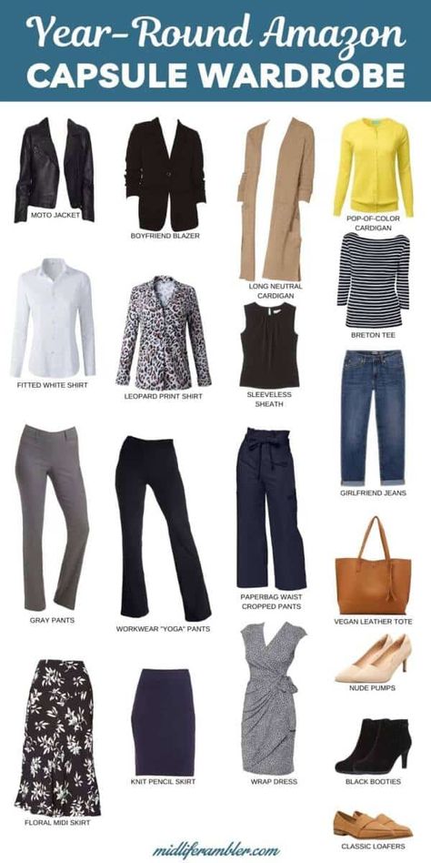 This 18-piece Amazon Capsule Wardrobe for women covers all the essentials you need to build a business casual wardrobe - including shoes and the perfect office tote. You can use this capsule wardrobe list to create dozens of outfits from quality Amazon pieces that are reasonably priced. Build a quality capsule wardrobe with the click of your mouse and for much less than you would spend elsewhere. #amazonshopping #capsulewardrobe #midliferambler Basic Work Outfits Business Casual, Minimum Wardrobe Women, Business Meeting Attire For Women, Amazon Capsule Wardrobe Work, Business Casual Outfits For Women Office, Office Job Outfits Professional, Business Casual Outfits For Women Classy, Business Casual Wardrobe Capsule, Office Job Outfits Plus Size