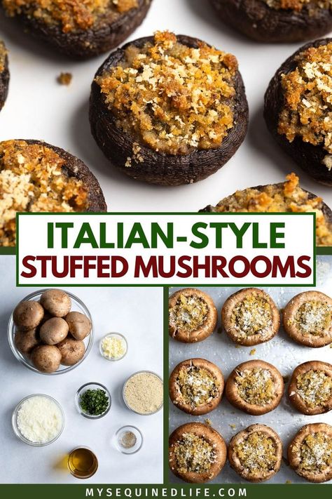 Italian stuffed mushroom ingredients, mushrooms on a tray before baking and after baking on a plate. Vegetarian Stuffed Mushrooms, Italian Stuffed Mushrooms, Best Stuffed Mushrooms, Stuffed Mushrooms Vegetarian, Best Holiday Appetizers, Mushroom Appetizers, Sausage Stuffed Mushrooms, Garlic And Olive Oil, Cheese Stuffed Mushrooms