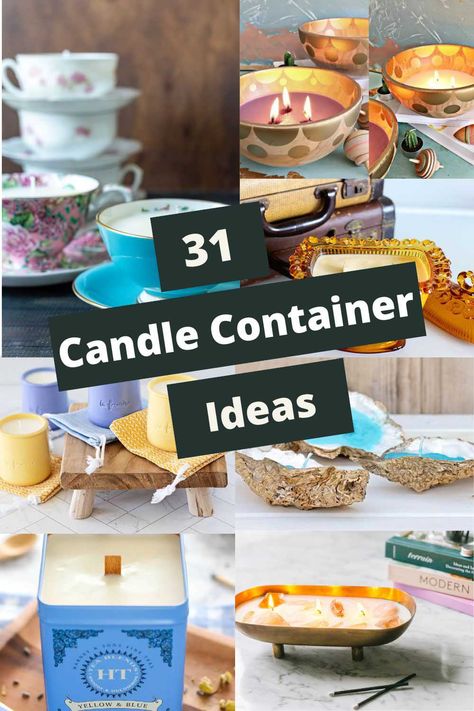 Diy Candle Container Ideas, Unique Candle Containers Diy, Upcycle Candle Holders, Candle Container Ideas, Unique Candle Ideas, Diy Candle Holders Ideas, Making Pillar Candles, Unique Candle Containers, Pillar Candles Diy