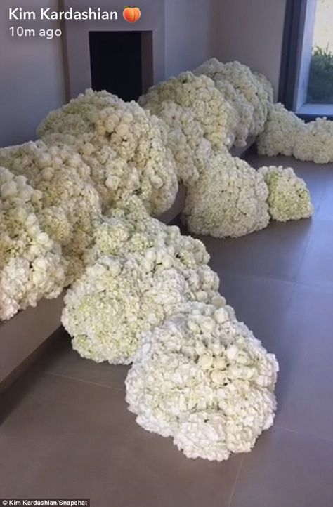 Floral surprise: The reality star came home to a house full of flowers to celebrate the anniversary on Thursday Room Full Of Flowers, Upscale Wedding Decor, House Full Of Flowers, Kardashian Wedding, Kim Kardashian Wedding, Bday Party Theme, Wedding Backdrop Design, Flower Installation, 3rd Anniversary