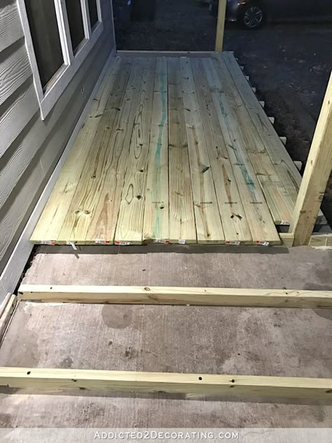 Wood Front Porch, Deck Over Concrete, Front Porch Remodel, Concrete Front Porch, Front Porch Deck, Step Ideas, Concrete Patio Makeover, Porch Wood, Front Porch Makeover