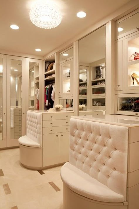 Tufted banquettes on end of islands are a good use of space Luxurious Walk In Closet, Transitional Closet, Girls Dream Closet, Closet Interior, Contemporary Closet, Amazing Closets, Walk In Closet Design, Dekorasi Kamar Tidur, Dream Closets