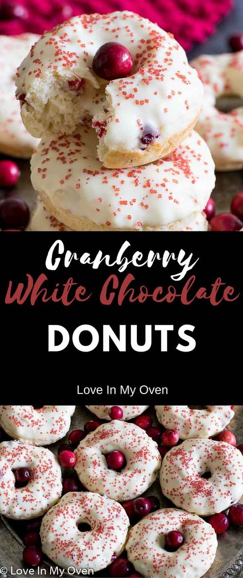 cranberry, white chocolate, baked donuts, baked, donuts, cake, Christmas, Christmas baking, breakfast via @loveinmyoven Muffins Cranberry, Chocolate Donuts Baked, Holiday Donuts, Donuts Cake, Cranberry White Chocolate, Donut Filling, Homemade Donuts Recipe, Baked Doughnuts, Baked Donut Recipes