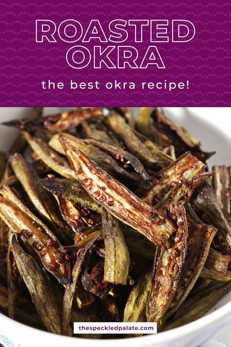 Love okra? This crispy Oven Roasted Okra recipe is the perfect summer side dish. Ready in 45 minutes, these okra fries are great for sharing! #EasyEntertaining #SpeckledPalate Oven Roasted Okra, Oven Fried Okra, Grilled Okra, Baked Okra, Roasted Okra, Okra Fries, Okra Recipe, Okra Recipes, Summer Side Dish