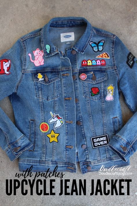 Upcycle Jean Jacket, Jean Jacket With Patches, Upcycled Denim Diy, Earth Day Craft, Jean Jacket Diy, Kids Jeans Jacket, Retro Patch, Jacket With Patches, Jean Jacket Patches