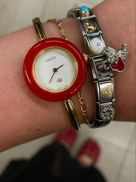 Vintage Watch & Italian Nomination Charm Bracelet 🍓 Unique Accessories Fashion, Nomination Bracelet Charms, Vintage Italian Outfits, Nomination Bracelet Aesthetic, Italian Bracelet Charms, Watch Aesthetic Vintage, Italian Charm Bracelet Aesthetic, Charm Bracelet Aesthetic, Watches Aesthetic