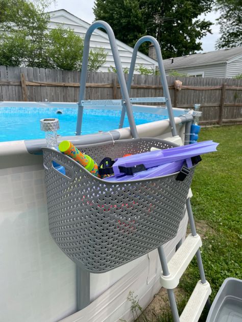 Pool storage bin Diy Pool Storage, Diy Pool Toys, Pool Organization, Pool Float Storage, Pool Toy Storage, Diy Organizers, Pool Deck Plans, Pool Storage, Outdoor Pool Area