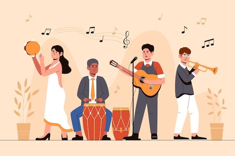 Hand drawn latin music band illustration | Premium Vector #Freepik #vector #orchestra #percussion #hand-drawn-music #band Music Band Illustration, Orchestra Illustration, Concert Illustration, Band Illustration, Music Graphic Design, Illustrated Postcards, Circus Ideas, 2d Background, Couple Illustration Wedding