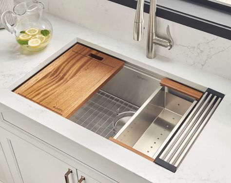 Whether you’re building a brand new kitchen or simply renovating it, hardware has the potential to make or break the vibe of your space. So, now that ... | Install Workstation Sink Ledge Kitchen Sinks, Kitchen Hardware Trends, Undermount Bar Sink, Kitchen Work Station, Farmhouse Sinks, Double Sinks, Sink Sizes, Sink Grid, Steel Kitchen Sink