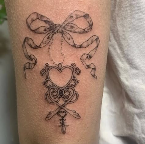 Coquette Heart Tattoo, Heart Ribbon Tattoo, Heart Locket Tattoo, Locket Tattoos, Charm Tattoo, Ribbon Tattoos, Tattoos Inspo, Bow Tattoo, 4 Tattoo