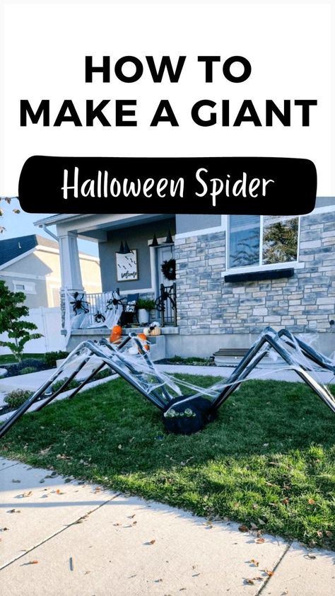 Transform your Halloween decorations this year with this easy tutorial to craft your very own DIY Huge Yard Spider! Learn how to easily make a giant Halloween PVC spider for your spooky decor using this simple guide. Have a frighteningly fun Halloween this year! Diy Yard Spider, Pvc Spider, Diy Halloween Spider Web, Spider Web Diy, Diy Outdoor Patio Ideas, Huge Spiders, Cheap Diy Halloween Decorations, Spider Decorations, Homemade Halloween Decorations