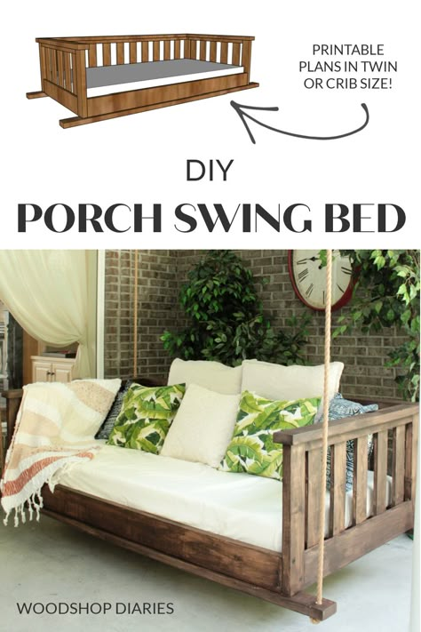 DIY Porch Swing Bed | Printable Building Plans in TWIN & CRIB Bed Sizes Patio Beds Outdoor, Pallet Swings Hanging, Hanging Daybed Outdoor Diy, Daybed Swings Outdoor Diy, Bed Swings Outdoor Diy, Porch Swings Diy, Daybed Swings Outdoor, Bed Swings Outdoor, Bed Swing Porch