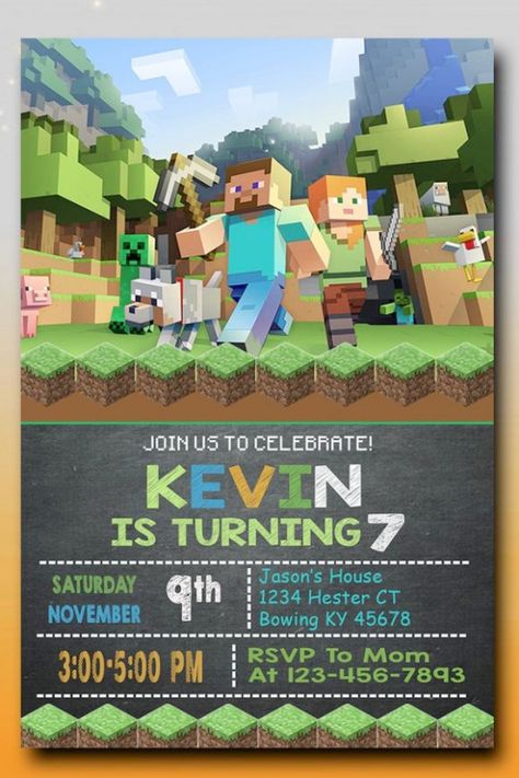 Minecraft Scenario Birthday Party Invitation Minecraft Party Invitations, Minecraft Party Supplies, Minecraft Invitations, Minecraft Birthday Invitations, Unicorn Party Invites, Rainbow Unicorn Party, Bday Invitations, Girl Birthday Party Invitations, Minecraft Birthday Party