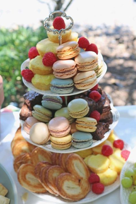 Dessert tower for my sisters bridal shower: brownies, variety macroons, light flaky pastry, lemon cake bites Bridal Shower Pastry Bar, Pastry Tower, Lemon Cake Bites, Mini Brownie Bites, Italian Bridal Showers, Dessert Tower, Wedding Shower Cakes, Mini Breakfast, Bridal Shower Desserts