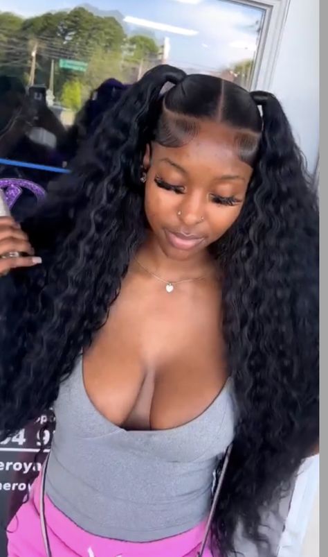 Half Up Half Down Pigtails Black Women, Half Up Half Down Pigtails Side Part, Ponytail Quick Weave, Half Up Have Down Pigtails, Two Pigtails Half Up Half Down, Two Pigtails Half Up Half Down Wig, Half Uo Half Down Pig Tails, Two Ponytails With Weave, Two Ponytails Half Up Half Down