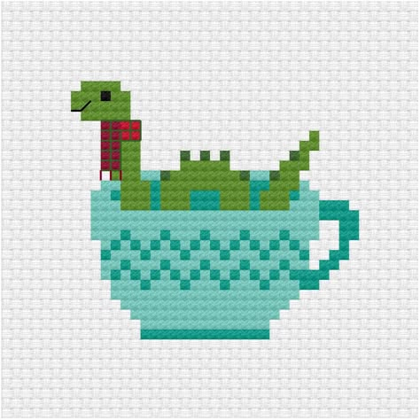 Loch Ness Cross Stitch, Cross Stitch Tea Cup, Animals In Cups, Tea Cup Cross Stitch, Tiny Cross Stitch Patterns, Monster Cross Stitch, Tea Cross Stitch Pattern, Tea Cross Stitch, Cross Stitch Pattern Maker