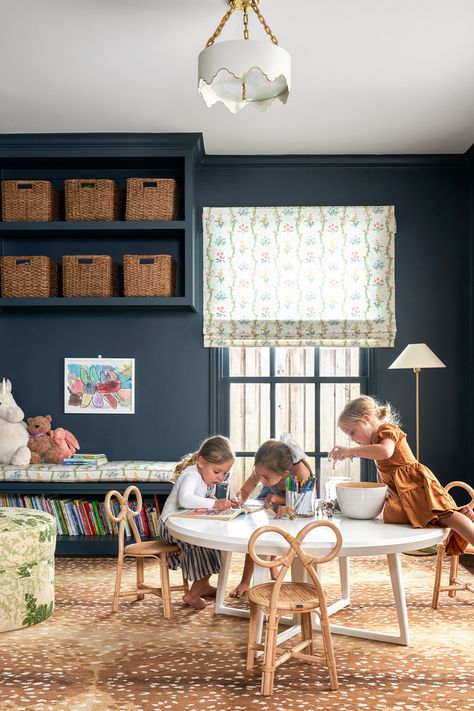 This Houston Designer Filled a Blank Dallas Home with Color and Whimsy - D Magazine Katie Davis Design, Katie Davis, Lulie Wallace, Basement Playroom, Office Playroom, Playroom Design, Dark Walls, Kids Playroom, Kid Spaces