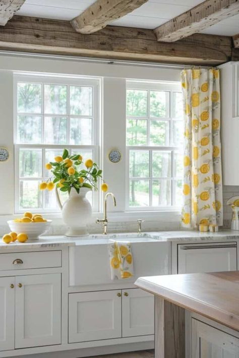 Lemon Decor Living Room, Yellow Kitchen Inspiration, Lemon Themed Kitchen, Spanish Kitchen Design, Lemon Theme, Lemon Kitchen Decor, Squeeze The Day, Kitchen Windows, Lemon Kitchen