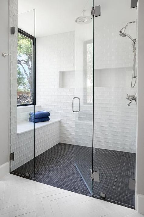 White Shower Wall Tiles with Black Grid Shower Floor Tiles - Transitional - Bathroom Dark Grey Floor, Grey Floor, Shower Wall Tile, Window In Shower, Bathroom Shower Walls, Shower Floor Tile, Master Shower, Master Bath Remodel, Bathroom Remodel Shower